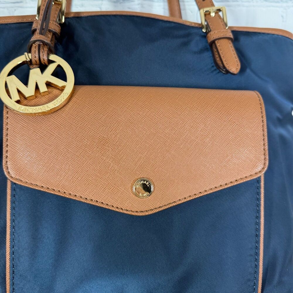 Michael Kors Canva Shoulder Tote Women Blue Colorblock Leather Trim Preppy Bag - Picture 11 of 16